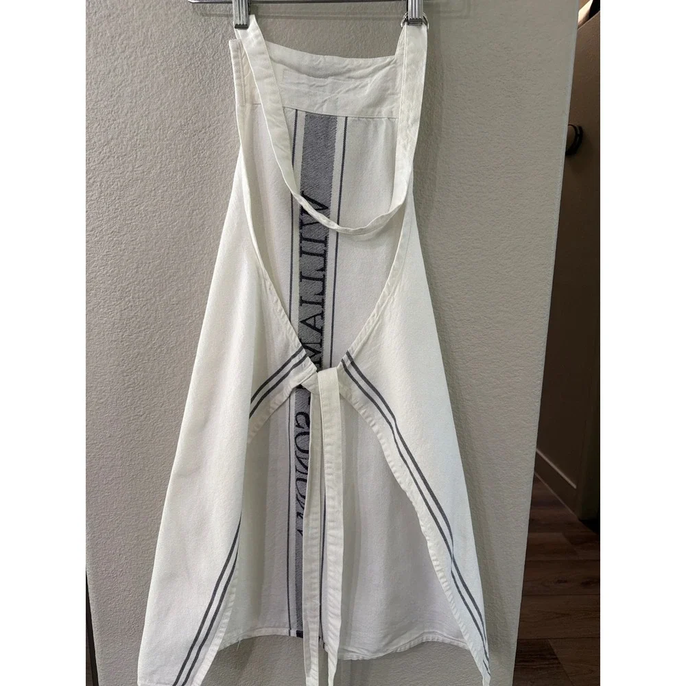 Williams Sonoma Logo Cotton Twill Apron White Navy Blue Stripe Adjustable